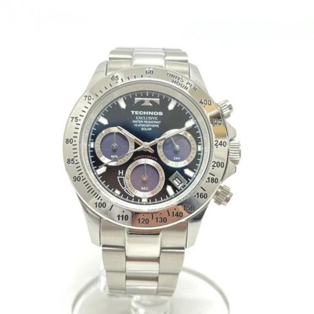 Technos T9349tb Solar-Powered Chronograph Wristwatch Ss Silver